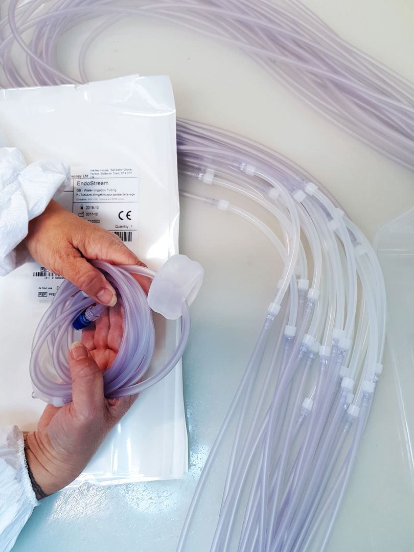 Finished medical tubing sets ready for packaging and labelling