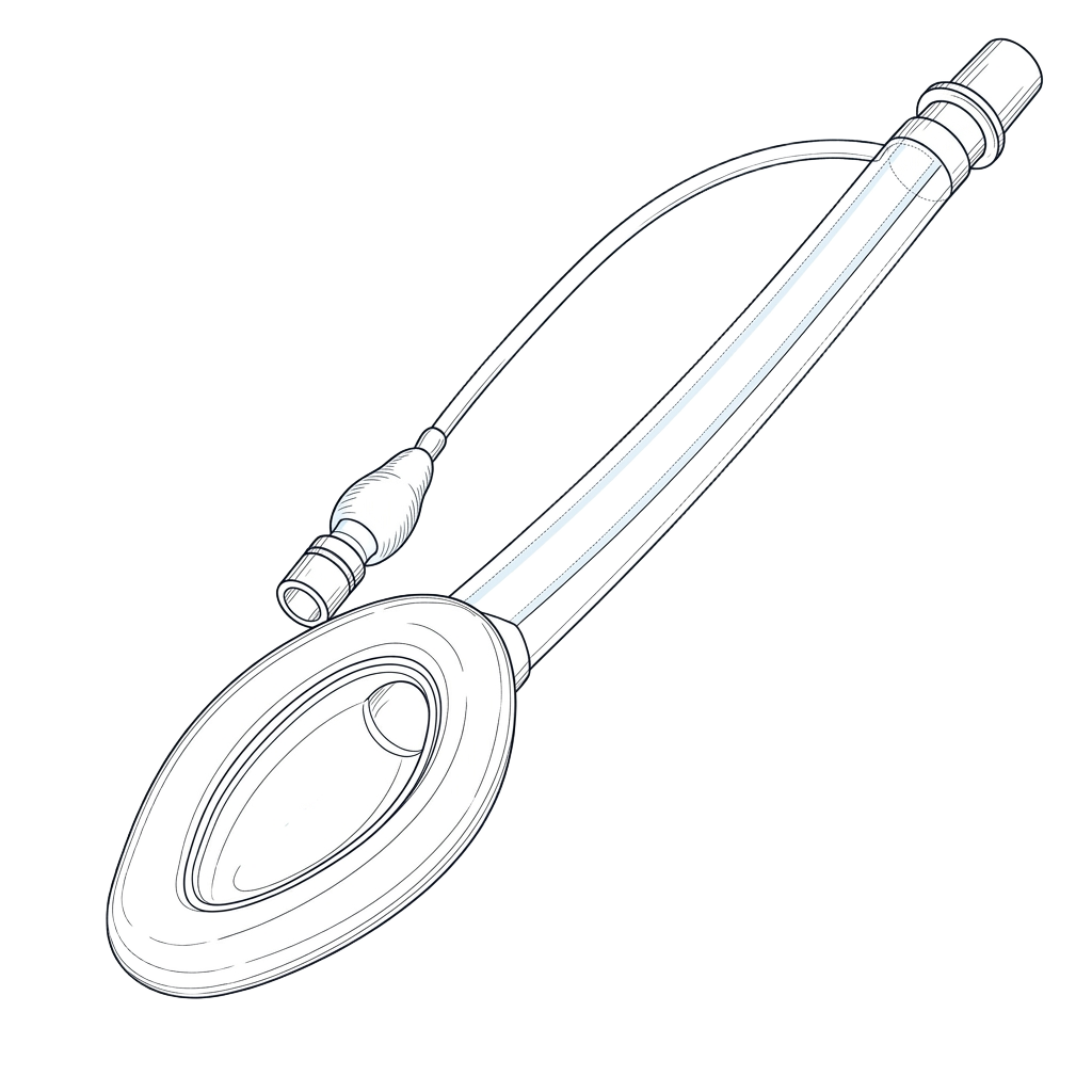 Technical line drawing of a laryngeal mask airway, showing the silicone cuff, bowl, airway tube, inflation line and pilot balloon